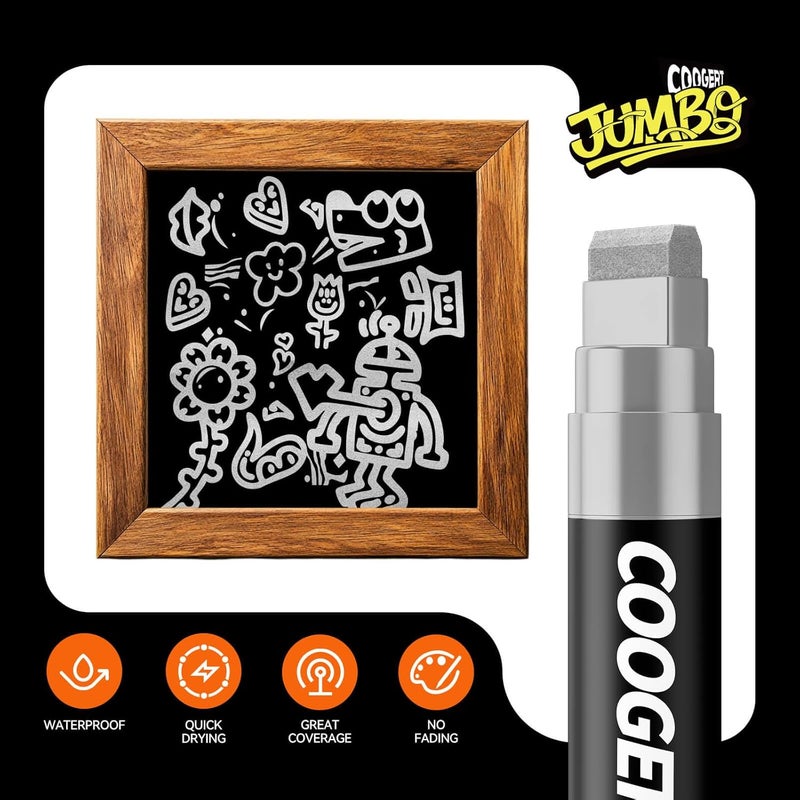 Coogert 3Pcs Silver Jumbo Poster Markers, 15MM Thick Permanent Acrylic Graffiti Markers, Wide Tip Paint Marker for Canvas, Posters Board, Fabric, Window, Glass, Wood, Teachers,Banner painting supplies - Image 3